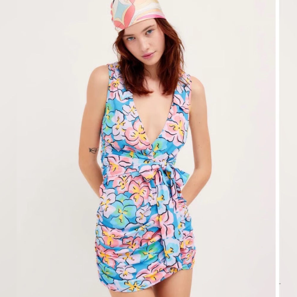 For Love & Lemons Yasmin Mini Dress Tropical Blue Pink Hawaiian Floral nwt